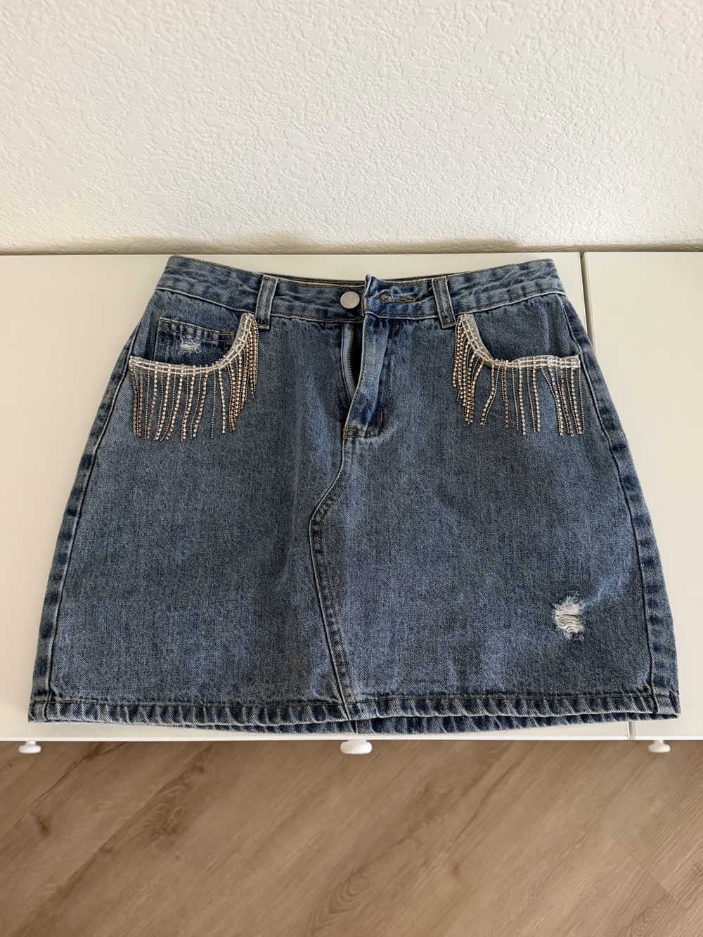 Rhinestone Fringe Denim Mini Skirt